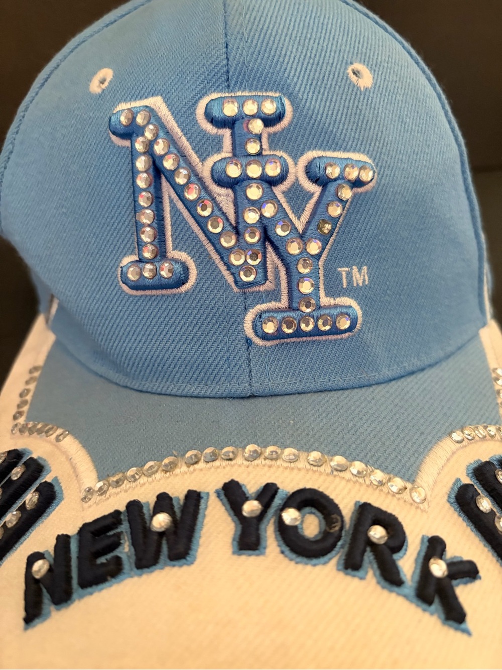 Light Blue Rhinestone NY Baseball Cap - Women's Fashion Hat
